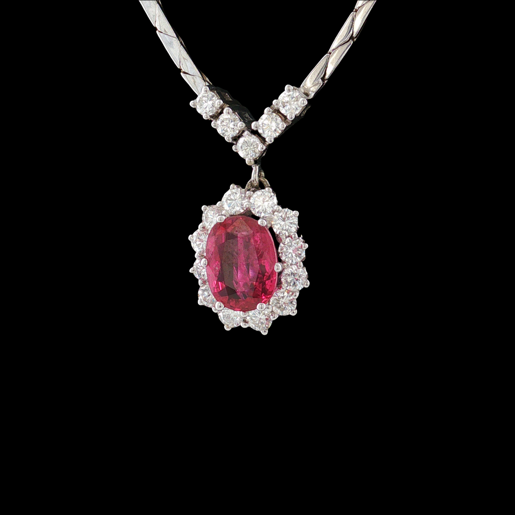 14k White Gold Necklace with Ruby and Diamond Halo