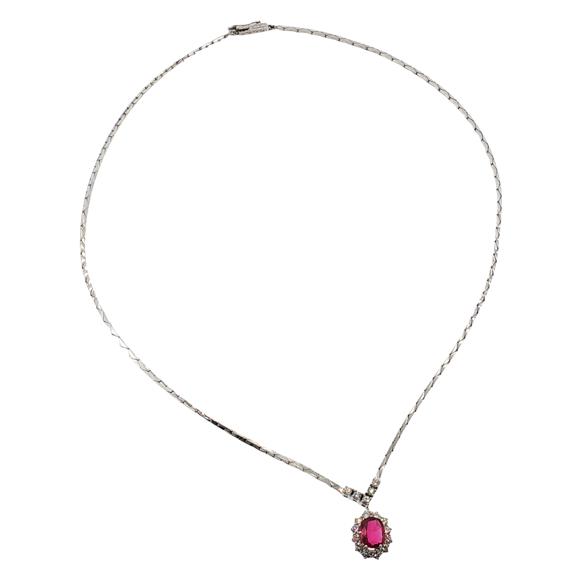 14k Weißgold Collier mit Rubin und Diamant-Halo
