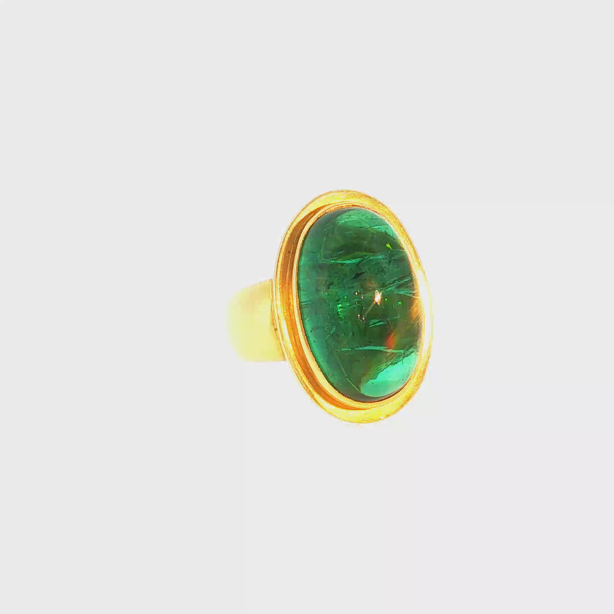 Yellow Gold Solitaire Ring with Green Tourmaline Cabochon