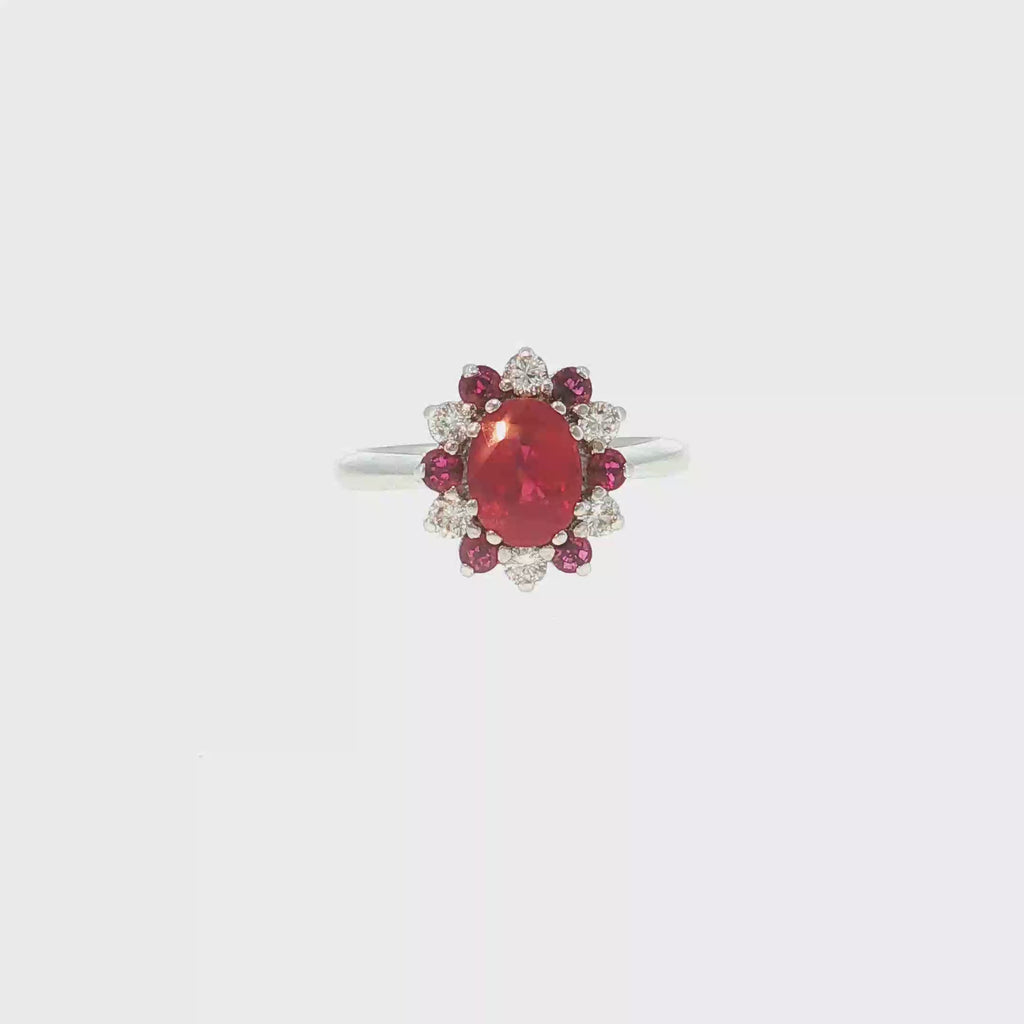 Cocktail Ring in White Gold with Ruby and Diamond Halo