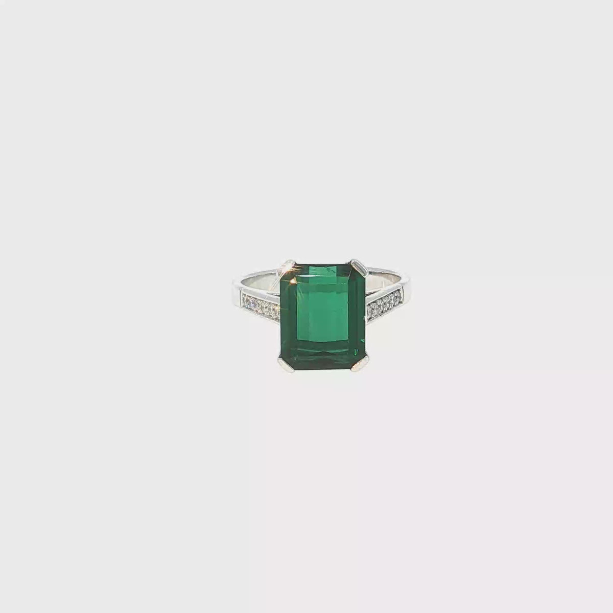 White Gold Ring with Emerald-Cut Green Tourmaline and Accent Stones