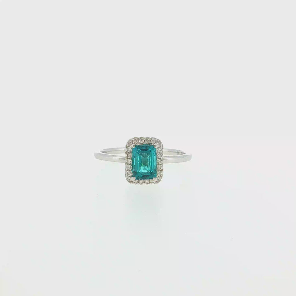 14kt Weißgold Halo-Ring mit 1ct Neonblauem Turmalin