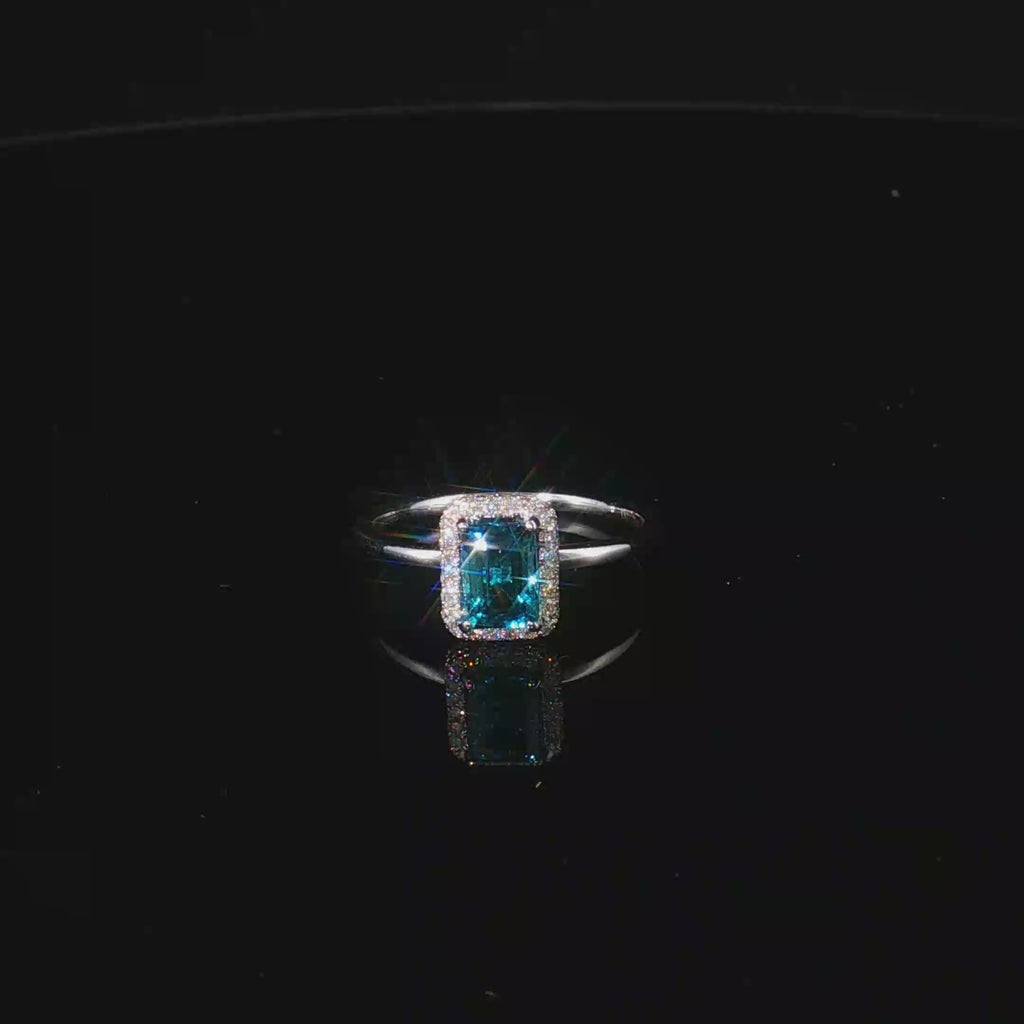 14kt Weißgold Halo-Ring mit 1ct Neonblauem Turmalin