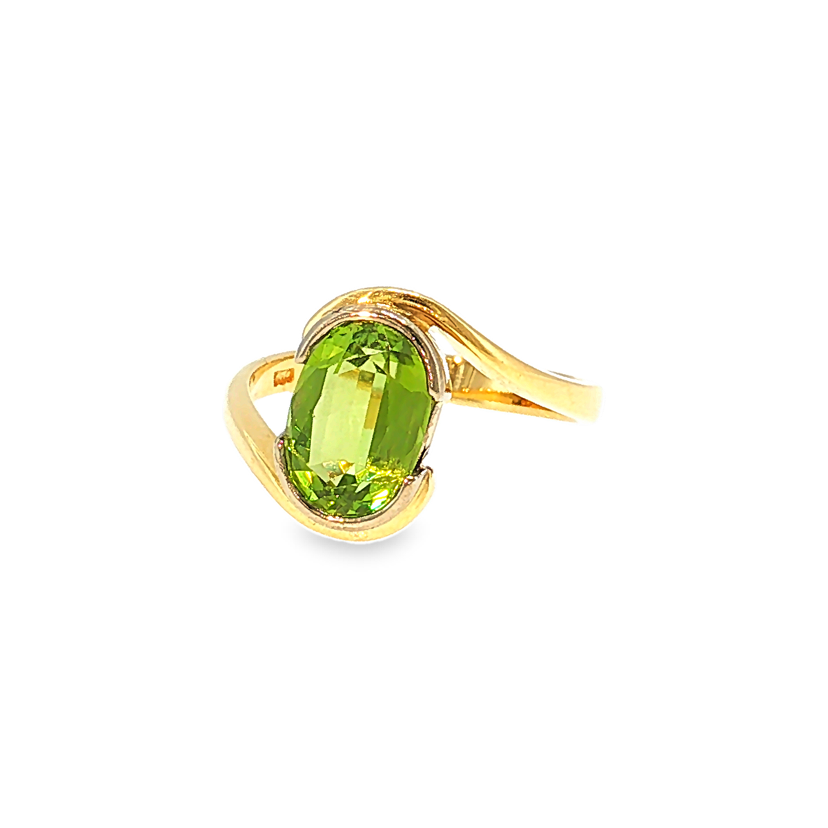18kt Yellow Gold Solitaire Ring with Approx. 4ct Peridot in Bypass Design