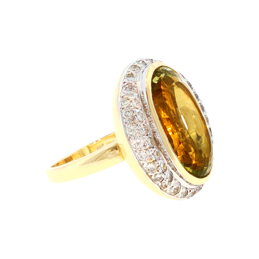 Golden Beryl Ring with Diamond Halo in White and Yellow Gold